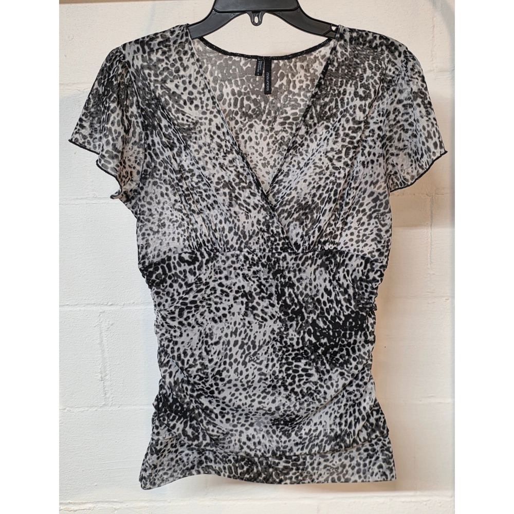 Maurices Y2K Womens Large Grey Black Leopard Print Sheer Mesh Ruched V-Neck Top